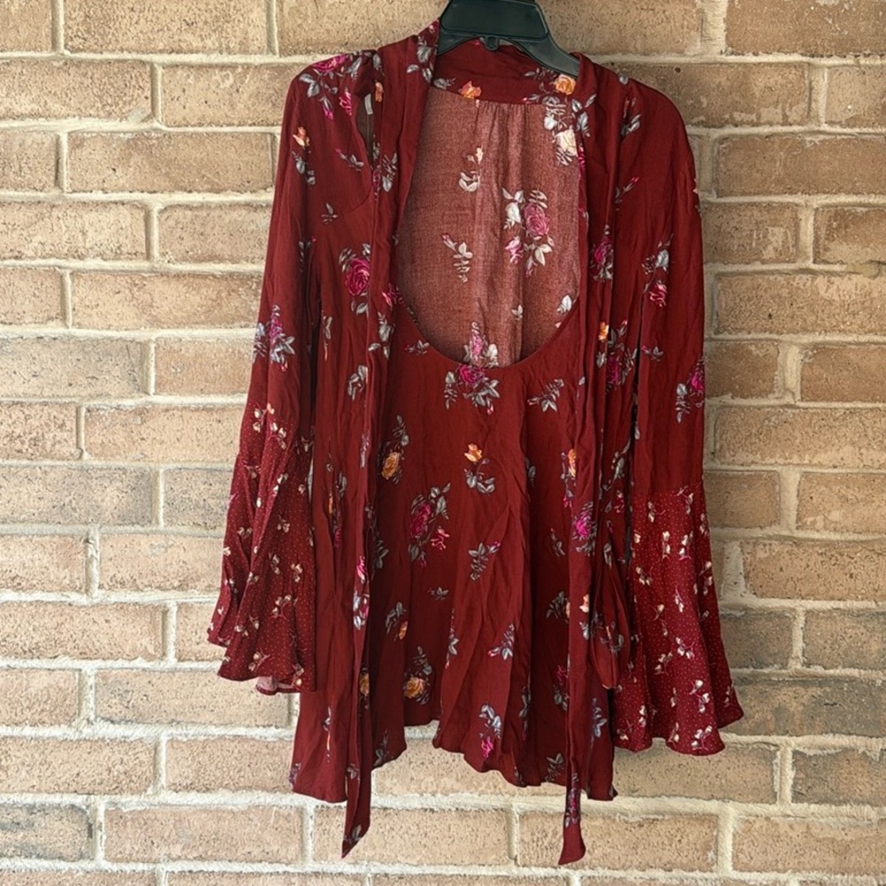 Free People Burgundy Floral Layered Scoop Neck Tunic